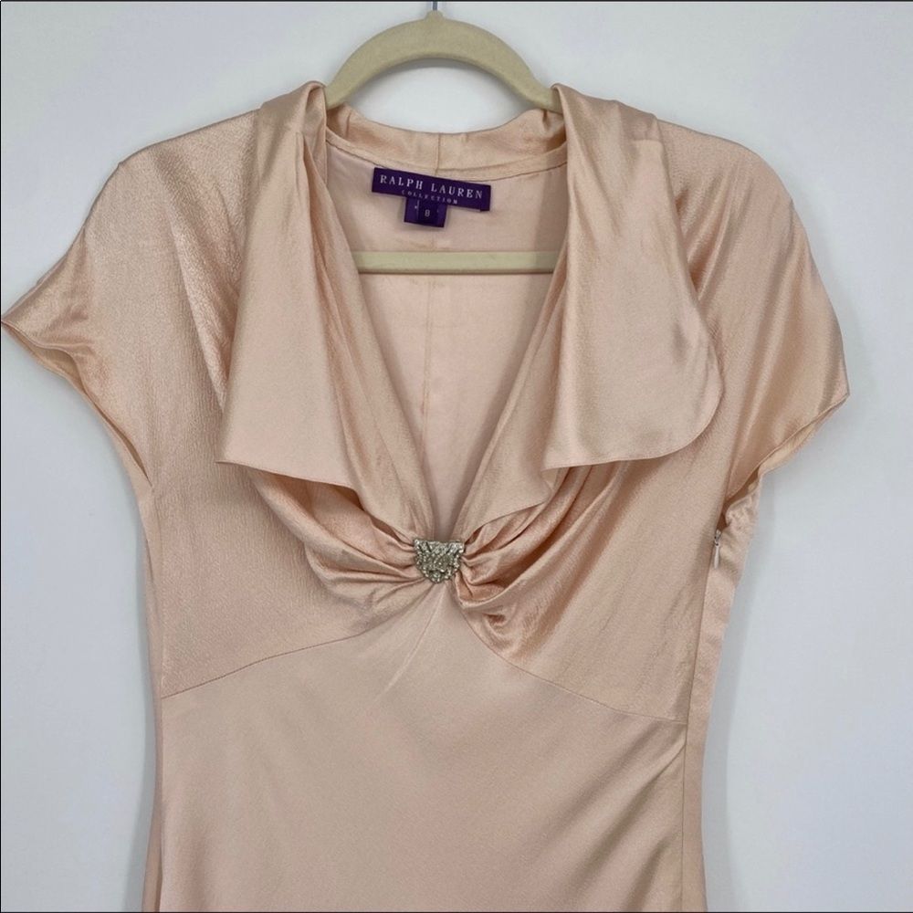 Ralph Lauren Gathered Silk Champagne Plunging Dress Short Sleeves Collared Gown - Picture 7 of 12